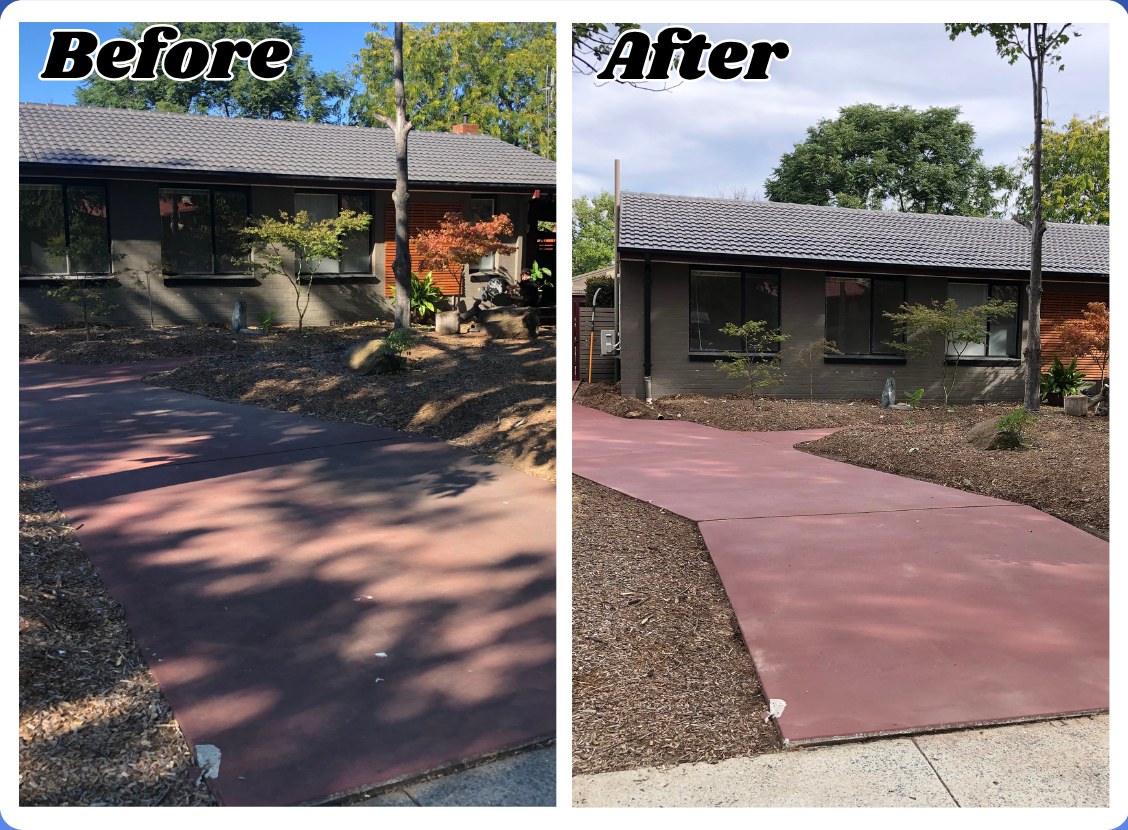 Before and after driveway cleaning at a Canberra home