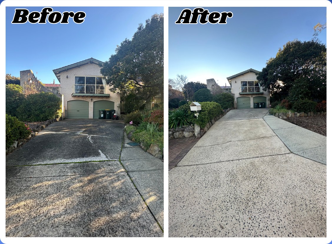 Before and after pressure cleaning a dirty concrete driveway in Canberra