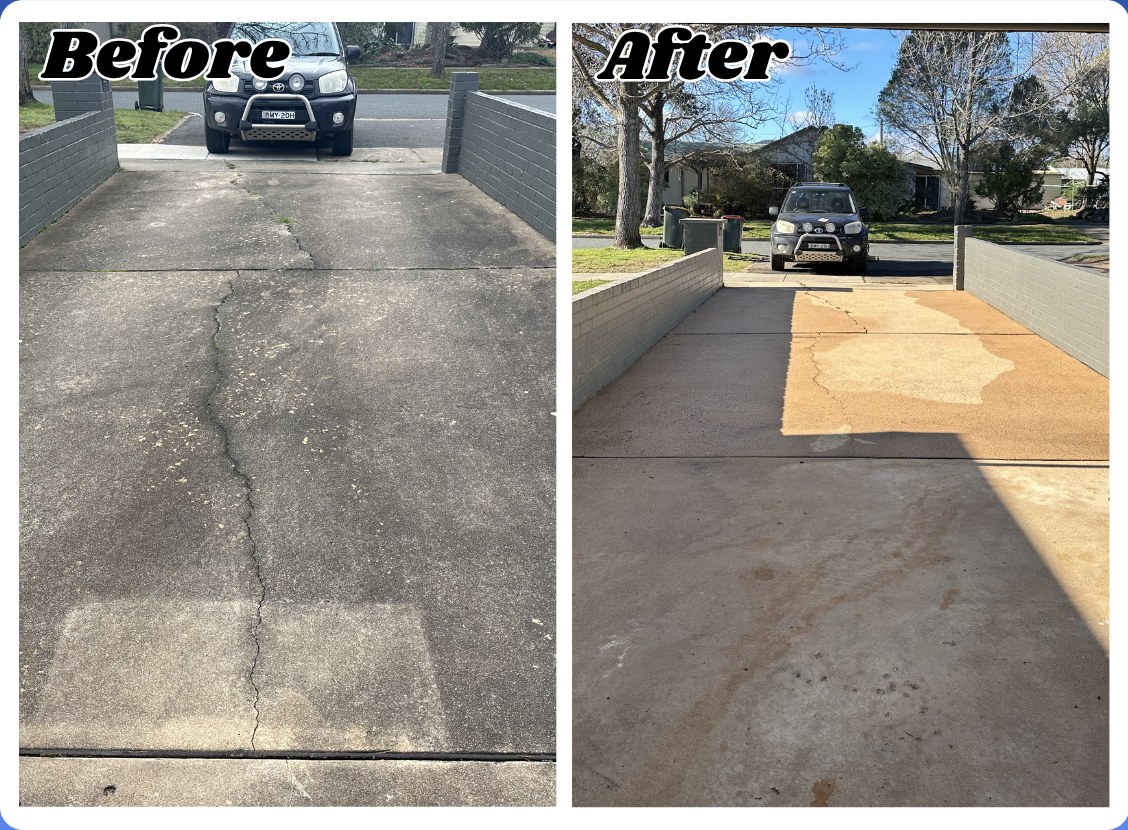 Before and after cleaning a dirty black driveway in Canberra