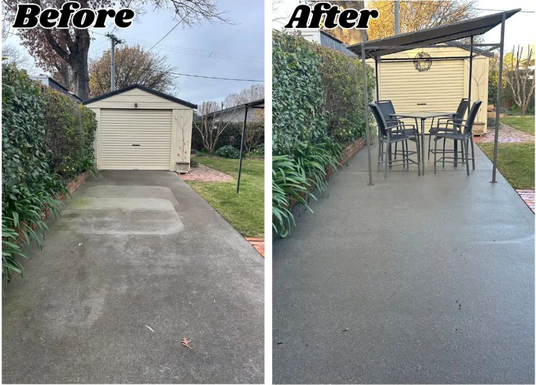 Before and after pressure cleaning a concrete patio and carport area