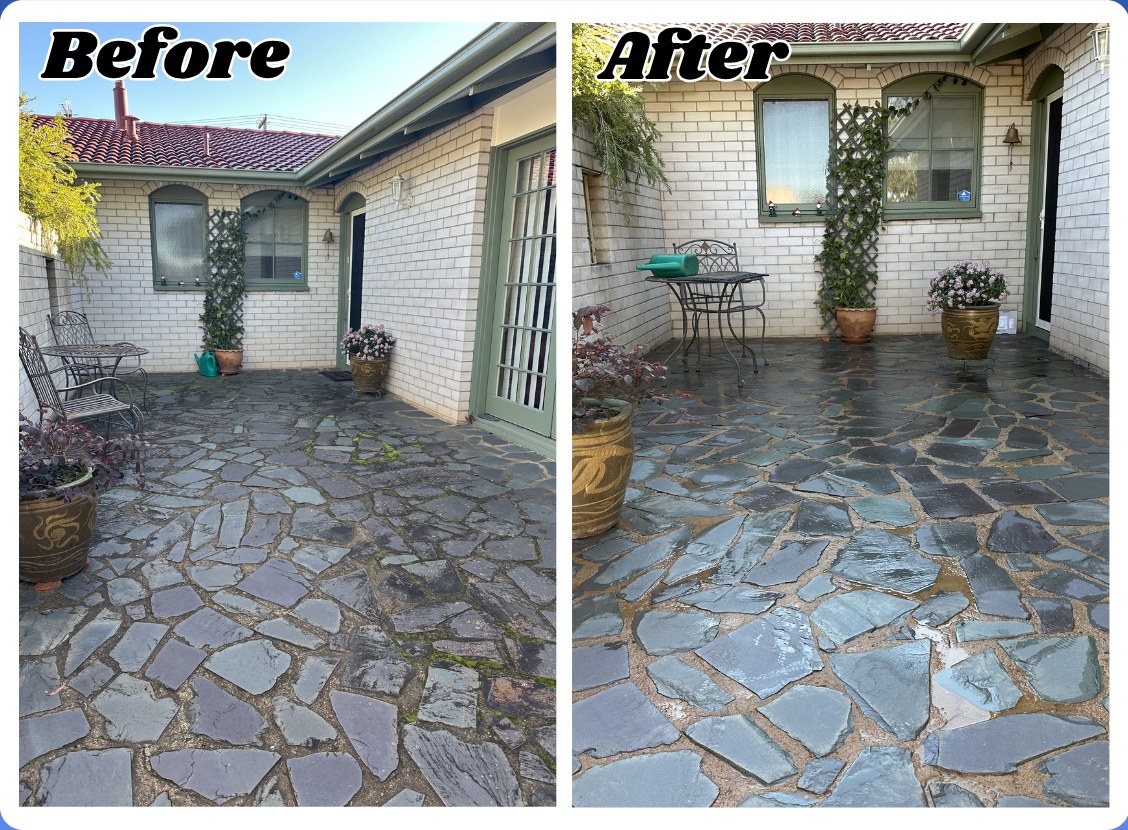 Before and after cleaning a flagstone patio in Canberra