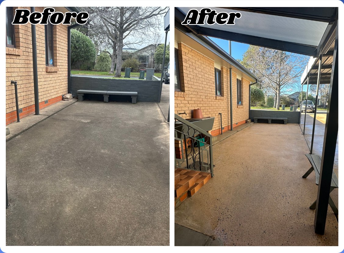 Before and after cleaning and treating a concrete patio