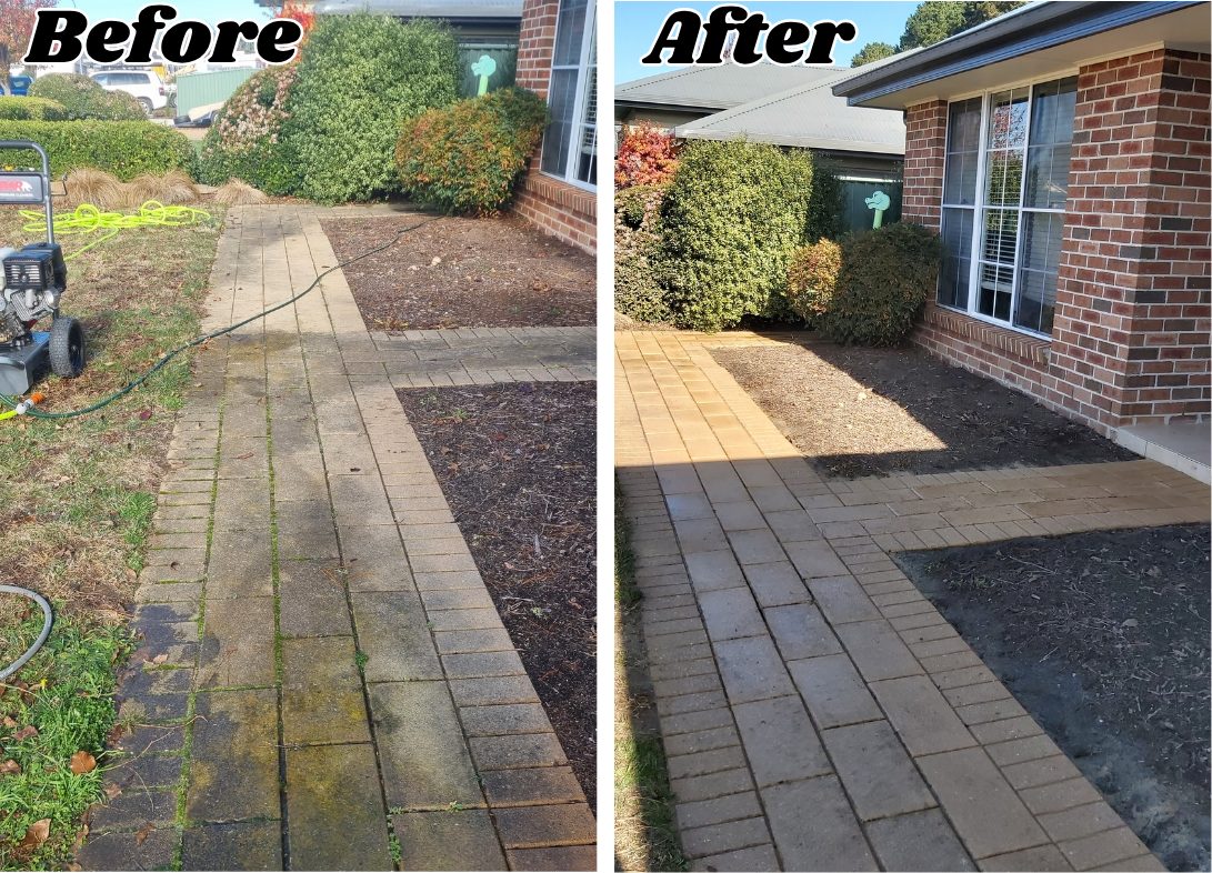 Before and after cleaning and re-sanding paver path in Bungendore, NSW