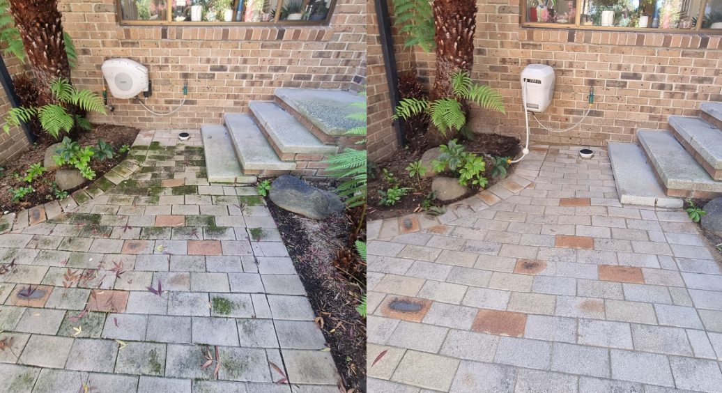 Before and after paver courtyard clean with moss removed around garden steps