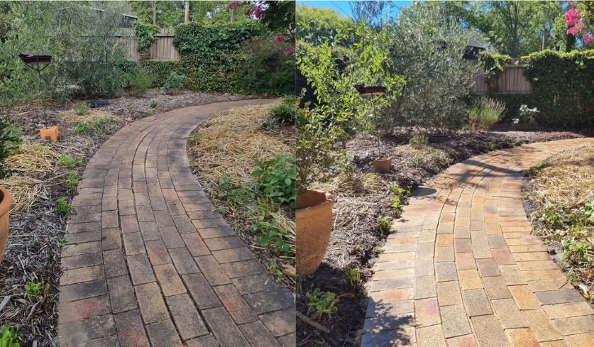 Before and after paver cleaning and re-sanding