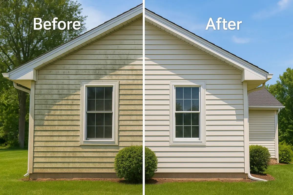 Before and after exterior house wash on a gable end wall