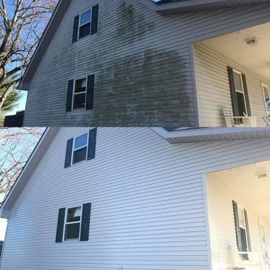 Before and after soft washing very dirty house siding covered in algae